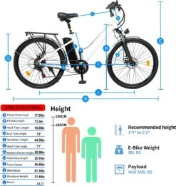 HITWAY 26 Inch E-bike, Elektrische Fiets Voor Heren En Dames, Pedelec Stadsfietsen, 250 W Motor, 36 V/11,2 Ah E-bike, Shimano 7 Versnellingen, 35-90 Km| Wit / Blauw -Volare Verkoop 1135x1200
