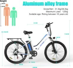 HITWAY Elektrische Fiets Voor Volwassenen | Ebikes Fietsen Stadsfiets | 250W 36V Motor | 7 VERSNELLINGSSYSTEE | 26 Inch - Wit -Volare Verkoop 1200x1117