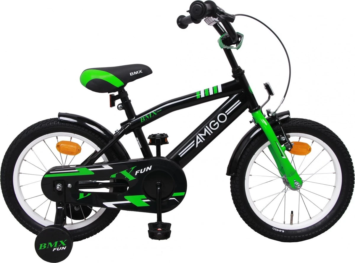 Amigo BMX Fun Jongensfiets - Kinderfiets 16 Inch - Zwart/Groen 1 Amigo BMX Fun Jongensfiets - Kinderfiets 16 Inch - Zwart/Groen